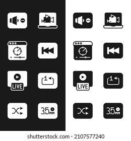 Set Rewind button, Online play video, Speaker mute, Live stream, Repeat track music player, Audio jack and Arrow shuffle icon. Vector