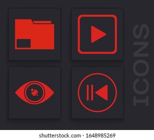 Set Rewind, Document folder, Play in square and Eye icon. Vector