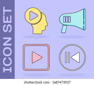 Set Rewind, Head people with play button, Play in square and Megaphone icon. Vector