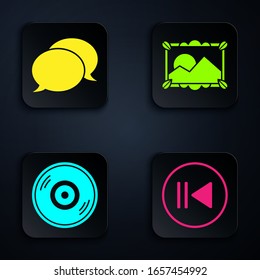 Set Rewind, Speech bubble chat, Vinyl disk and Picture landscape. Black square button. Vector