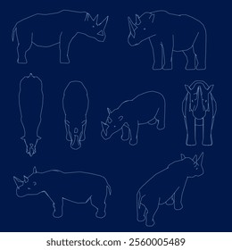 Set of rhino contour vector, rhinoceros outline. Vector illustration