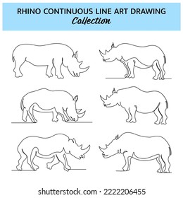 Set of rhino line design. Wildlife decorative elements drawn with one continuous line. Vector illustration of minimalist style on white background.