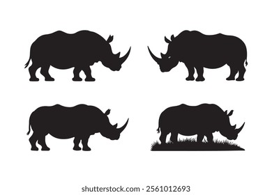 Set of rhino silhouette illustrations, ideal for wildlife-themed designs, printable graphics, t-shirts, posters, and digital artwork.