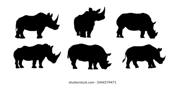 Set of rhino silhouette vector, rhinoceros silhouette	