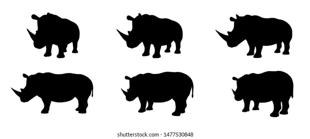 Set of rhino silhouettes from different angles. Vector illustration.