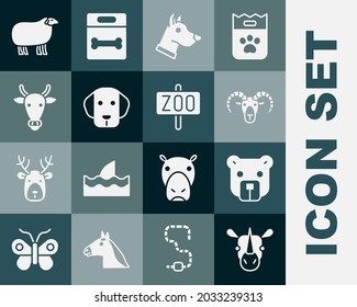 Set Rhinoceros, Bear head, Head of goat or ram, Dog, Cow, Sheep and Zoo park icon. Vector