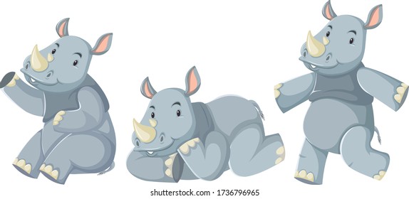 Set of rhinoceros cartoon character illustration