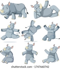 Set of rhinoceros cartoon character illustration