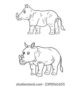 Set of rhinoceros cartoon hand drawn illustration vector