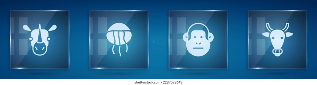 Set Rhinoceros, Jellyfish, Monkey and Cow head. Square glass panels. Vector