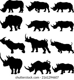 Set Of rhinoceros silhouette in different poses cartoon animal design flat vector illustration isolated on white background
