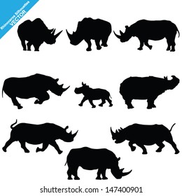 Set of Rhinoceros Silhouettes. Vector Illustration