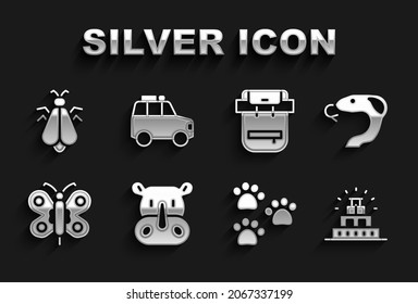 Set Rhinoceros, Snake, Chichen Itza Mayan, Paw print, Butterfly, Hiking backpack, Mosquito and Car icon. Vector