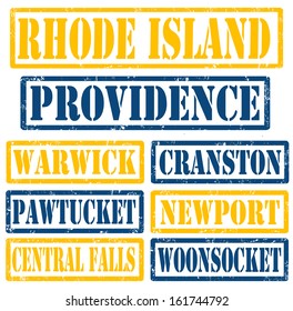 Set of Rhode Island cities stamps on white background, vector illustration