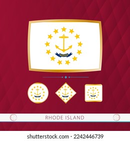 Set of Rhode Island flags with gold frame for use at sporting events on a burgundy abstract background. Vector collection of flags.