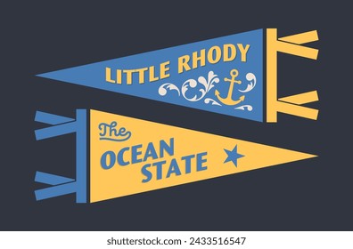 Set of Rhode Island pennants. Vintage retro graphic flag, pennant, star, sign, symbols of USA. The Ocean State.