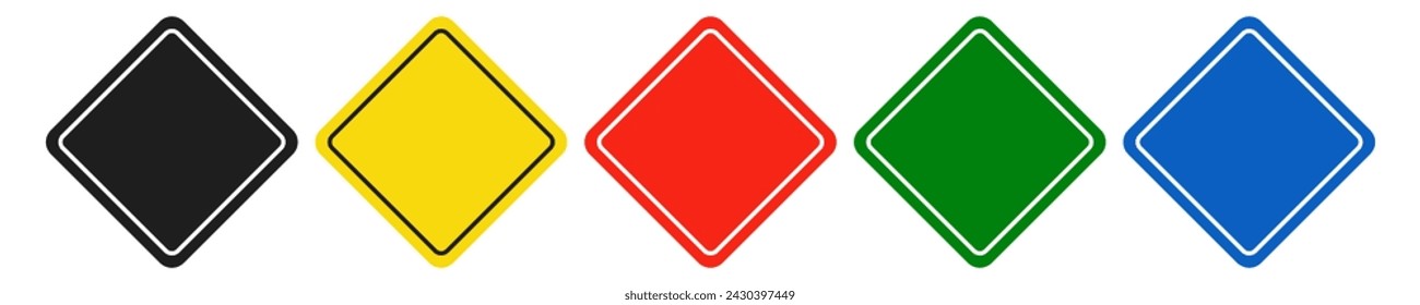 Conjunto de señales de carretera rombicas negras, amarillas, rojas, verdes y azules. Ilustración vectorial de iconos de advertencia sobre la situación en la carretera. Fondo blanco aislado.