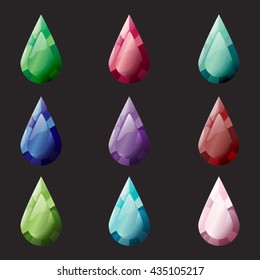 Set of rhombus different color crystals, gemstones, gems, diamonds. Vector gui assets collection for game design isolated on dark background.