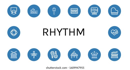 Set of rhythm icons. Such as Drums, Piano, Maracas, Heart rate, Drum, Samba, Tambourine, Heartbeat , rhythm icons