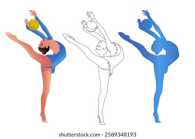 Set of rhythmic gymnast girl in color, silhouette and line art. Artistic gymnast in blue gradient leotard with ball in elegant position. Vector illustration