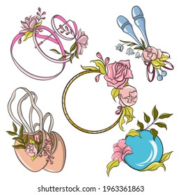 set of rhythmic gymnastics items with flowers. vector illustration isolated on white background.