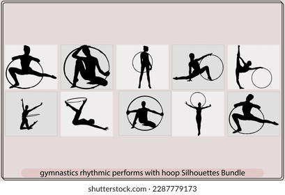 Set of rhythmic gymnastics silhouettes,gymnastics rhythmic performs with hoop silhouette sport vector illustration,gymnastics rhythmic performs with hoop