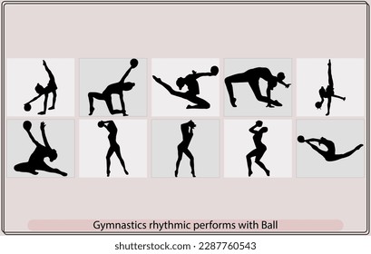 Set of rhythmic gymnastics silhouettes,Rhythmic gymnastics silhouette sport vector illustration,Rythmic gymnast with a ball in a pose
