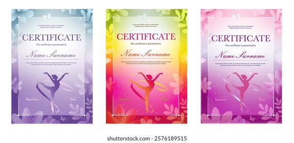 Set with rhythmic gymnastics spring sport diploma, vertical template. Colorful, bright, shiny certificate with flowers and leaves and athlete silhouette, pink, purple, green, yellow colours.
