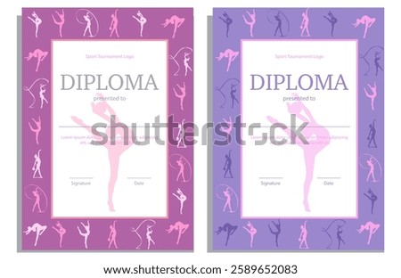Set with rhythmic gymnastics spring sport diploma, vertical templates. Colorful, bright, certificate with gymnast athletes silhouettes, pink, purple, lillac colours.