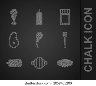 Costillar el filete de los ojos, parrilla barbacoa, carne de filete, espátula, salami salchicha, cerillas y fósforos y un icono de pierna de pollo. Vector