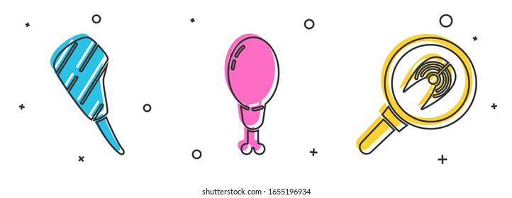 Set Rib eye steak, Chicken leg and Fish steak in frying pan icon. Vector