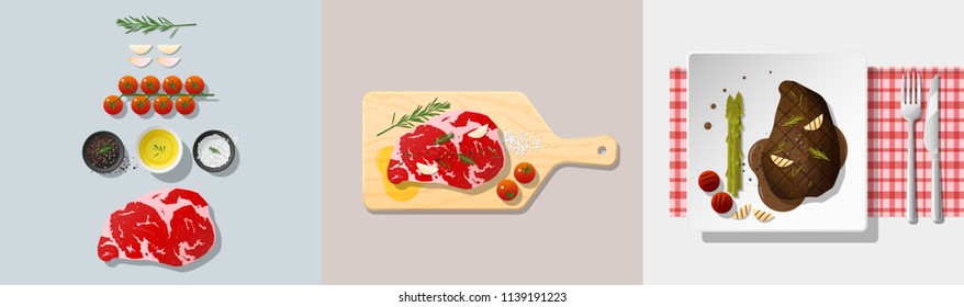 Set of rib eye steak recipe , preparation cooking and plating , vector , illustration