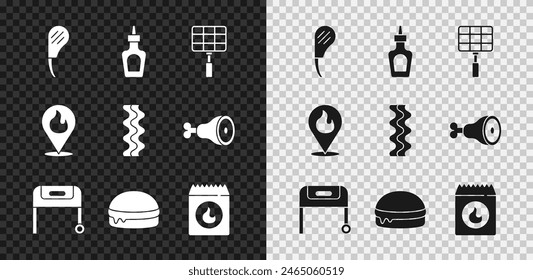 Set Rib eye steak, Sauce bottle, Barbecue steel grid, grill, Burger, coal bag, Location with fire flame and Bacon stripe icon. Vector