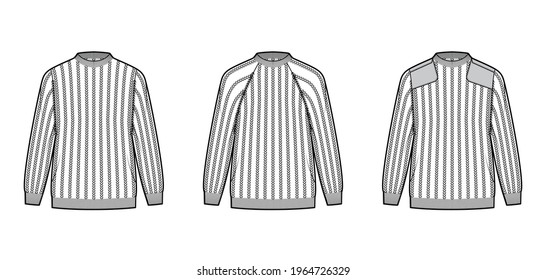 Set of Ribbed army Sweaters technical fashion illustration with long raglan sleeves, oversized, hip length, knit rib trip. Flat apparel front, white color style. Women, men unisex CAD mockup