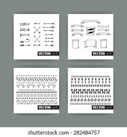 Set with ribbon, arrows and set elements with plants. Hand drawn vector, eps 10