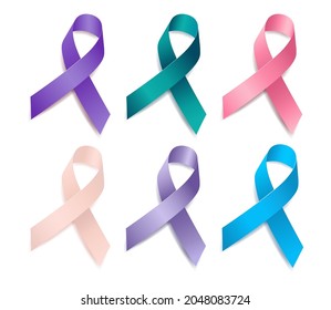 Set of ribbon awareness Gynecologic Cancer. Cervical, Ovarian, Vaginal, Vulvar, Uterine, Endometrial cancer. Isolated on white background. Vector illustration.