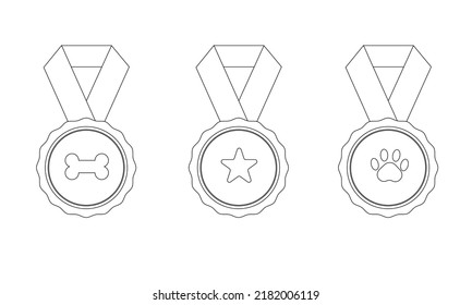 Set of ribbon badges bone, star, paw in line style. 