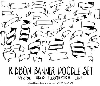 Set of ribbon banner doodle illustration Hand drawn Sketch line vector