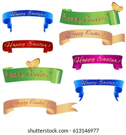 Set ribbon banner for Happy Easter. Ribbon banner with butterfly. Vector illustration.