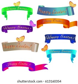 Set ribbon banner for Happy Easter. Ribbon banner with butterfly. Vector illustration.