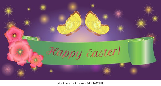 Set ribbon banner for Happy Easter. Ribbon banner with flowers and butterfly. Vector illustration.