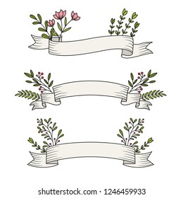 Set of ribbon banners with flowers and leaves. Hand drawn design elements. Vector illustration.