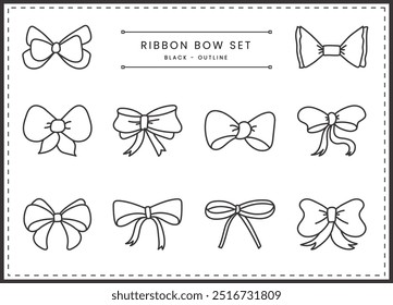 Set of Ribbon Bow Collection. Hand drawn illustration. Simple Flat Outline Cartoon Symbols. Bow knots, Gift ribbons.