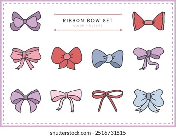 Set of Ribbon Bow Collection. Hand drawn illustration. Simple Flat Outline Cartoon Symbols. Bow knots, Gift ribbons.