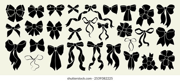 Set of ribbon bow silhouette icons. Holiday bows for gift wrapping. Various bowknots for birthday, Christmas, New Year, Valentines Day card, wedding decor, border, banner, website. Vector illustration