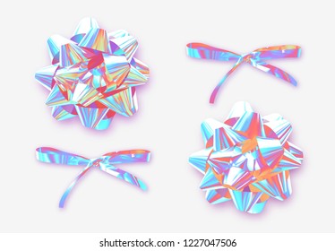 Set ribbon bows. Bow isolated realistic decorations, fashion color colorful chameleon.