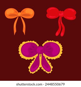 Set of ribbon bows. Bows for design. Bow for decoration, for gift wrapping. Vector illustration on dark background