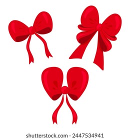 Set of ribbon bows. Red bows for design. Bow for decoration, for gift wrapping. Vector illustration on white background