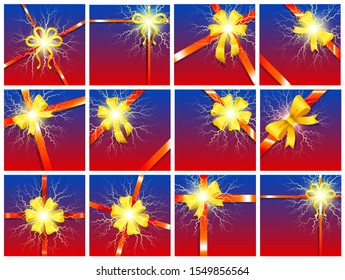 Set of ribbon bows used for sales and gift cards design. Yellow and red tapes with lightning on gradient background. Decoration for presents for announcement of discount of shop vector in flat