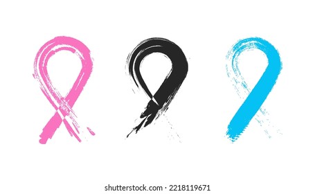 Set of ribbon breast cancer vector with brush stroke on white background. New design, 2023
